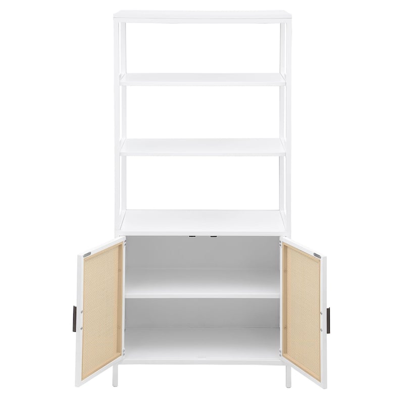Lanie Tall Accent Cabinet, 3 Shelves 2 Doors, PE Cane, White Metal