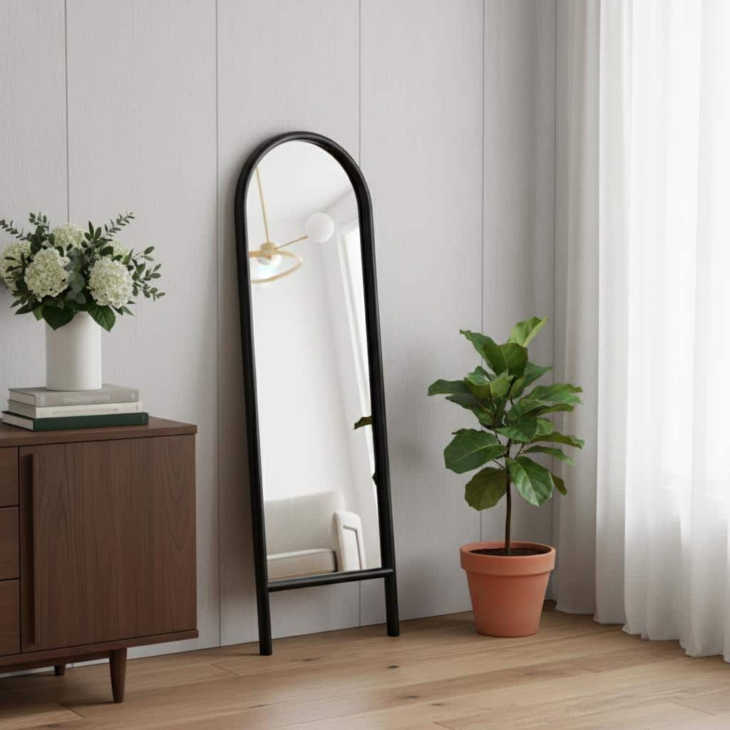 HomeRoots 64" Black Solid Wood Arch Leaning Ladder Framed Full Length Mirror - 21.00 in. x 64.00 in. x 0.79 in.