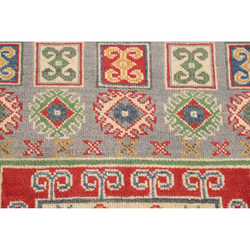 Geometric Grey Kazak Foyer Rug Handmade Wool Carpet - 2'7" x 4'2"