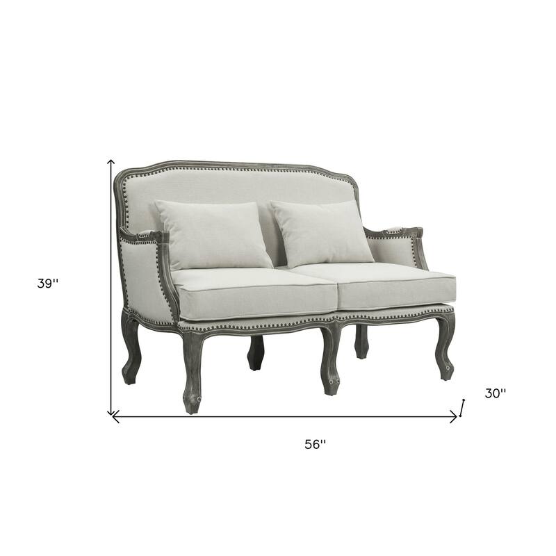 56" Cream And Gray Linen Loveseat and Toss Pillows