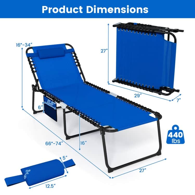 Fabric Metal Oversized Folding Patio Chaise Lounge with Adjustable Backrest, Side Pocket - 66"-74" x 27" x 16"-34" (L x W x H)
