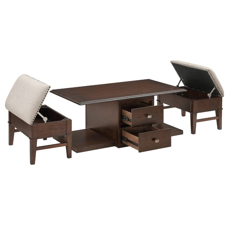 Merry Coffee Table with 2 Nesting Ottomans, Brown Wood, Beige
