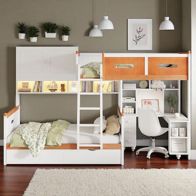 Twin Over Full Wooden Bunk Bed with Desk, Drawers, Shelves, Cabinet & LED Light, White and Orange