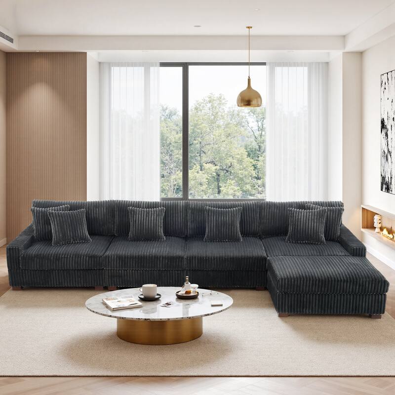 Modular Cotton Flannel Plush Sectional Sofa with Ottomans - Grey-5 piece