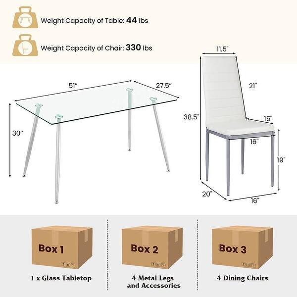 Gymax 5 PCS 51'' Rectangle Dining Set 0.3'' Thick Glass Table w/ 4 ...