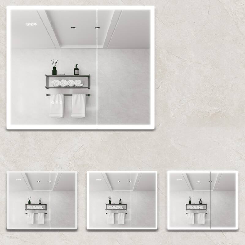 LED Bathroom Medicine Cabinet with Mirror, Double Door Lighted Medicine Cabinet with Defogger, Adjustable Brightness