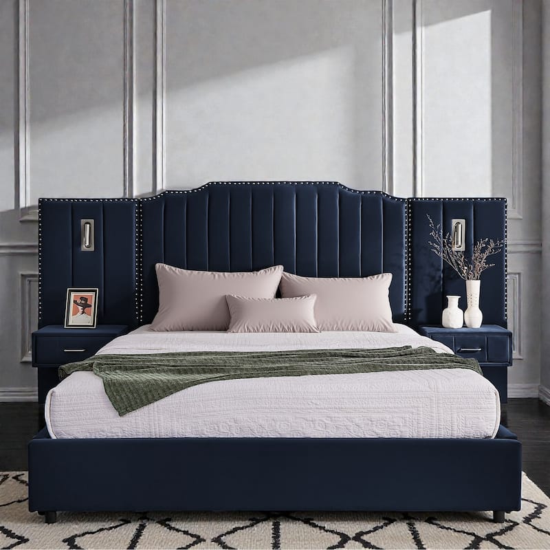 Modern Upholstered Bed Frame with Velvet Headboard, Vertical Channel Button Design, Integrated Nightstand, Platform Support