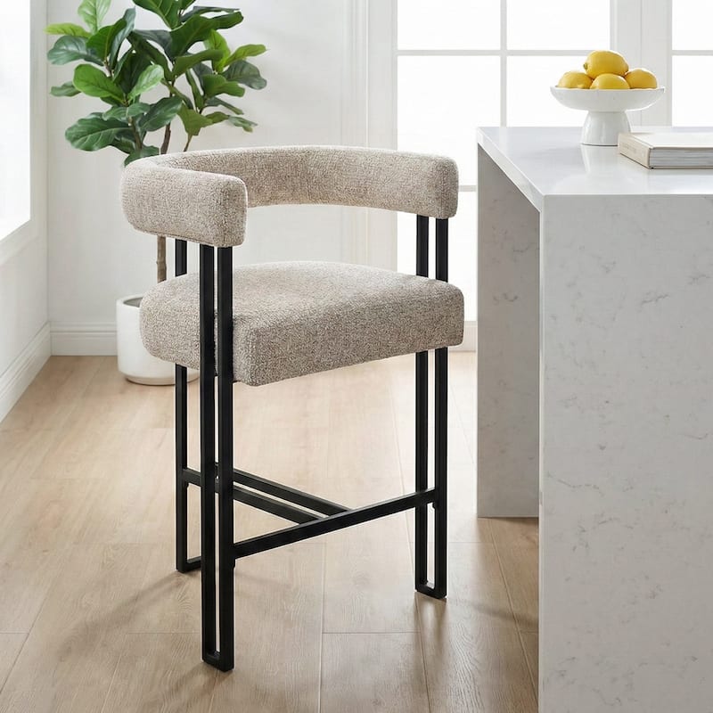 25" Seat Height Upholstered Tweed Black Matel Counter Stool - Oatmeal-1-piece