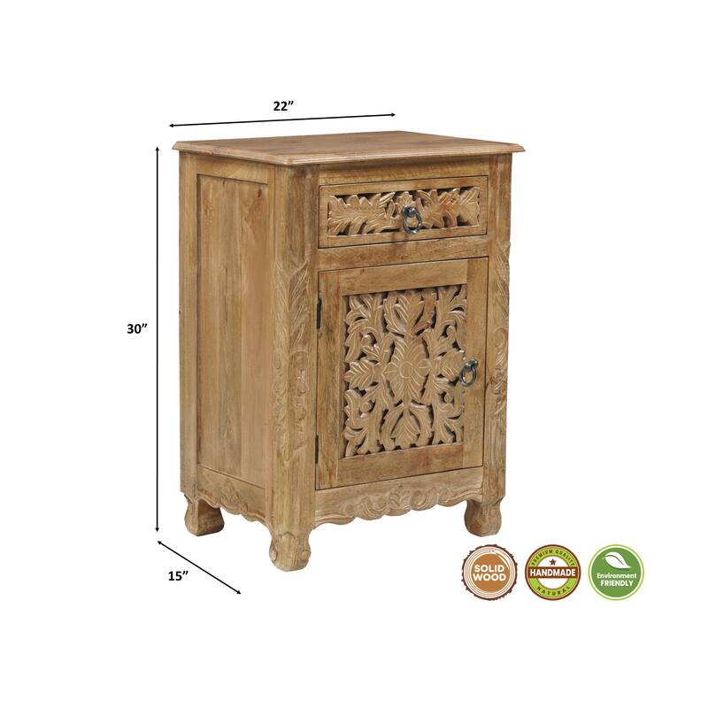 Florence Floral Solid Mango Wood 1-Drawer Nightstand with Cabinet Storage Assembled
