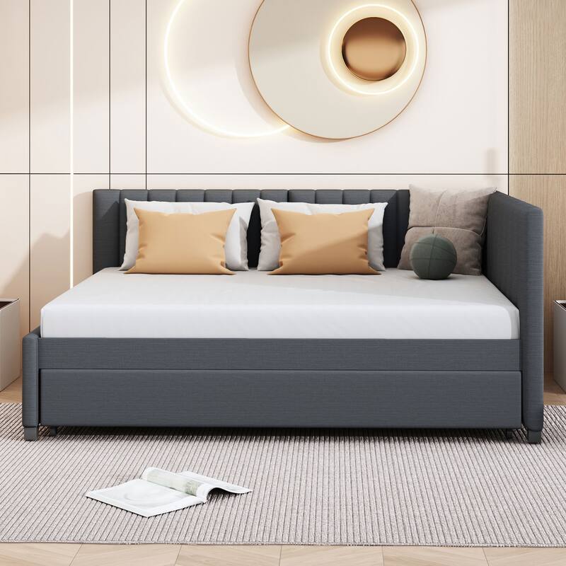 Full Size Linen Upholstered Daybed with Twin Trundle, Sturdy MDF Frame, No Box Spring Required, Perfect for Guests