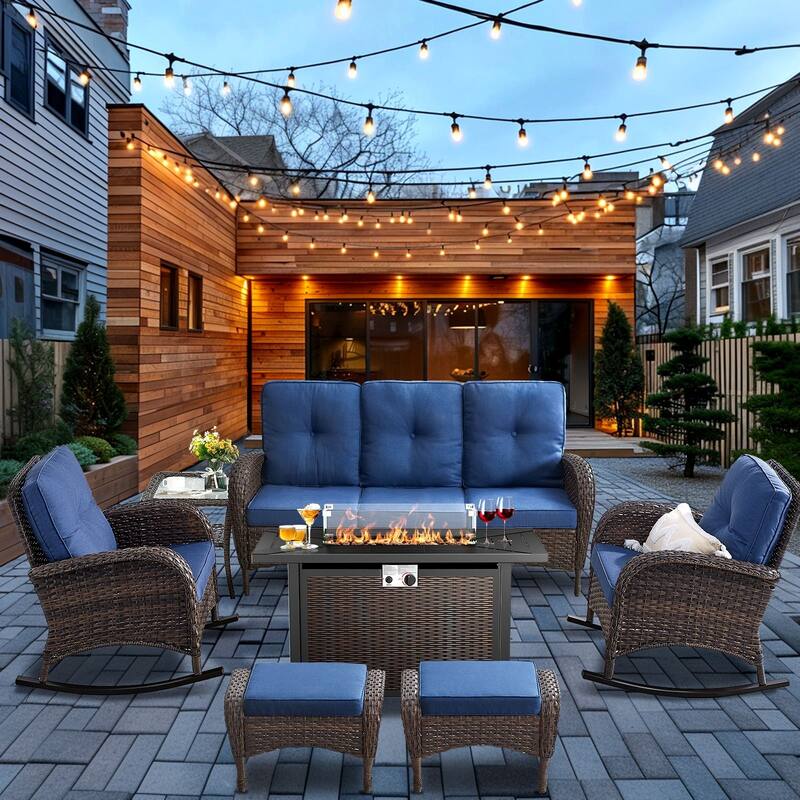Pocassy Outdoor Fire Pit Conversation Sofa Set - Brwon Wicker Blue Cushion - 7PCS Fire Table w/ Sofa Rocker Chair Ottoman