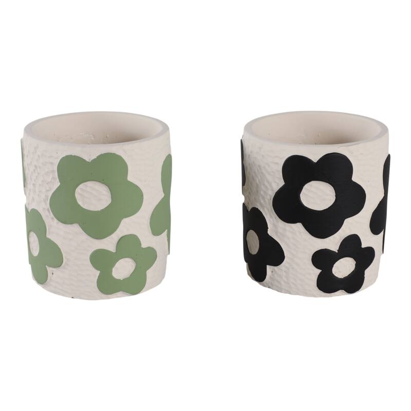 Decorative Flower Pencil Cups Storage - Set of 2, 4", Green & Black - 4.0"