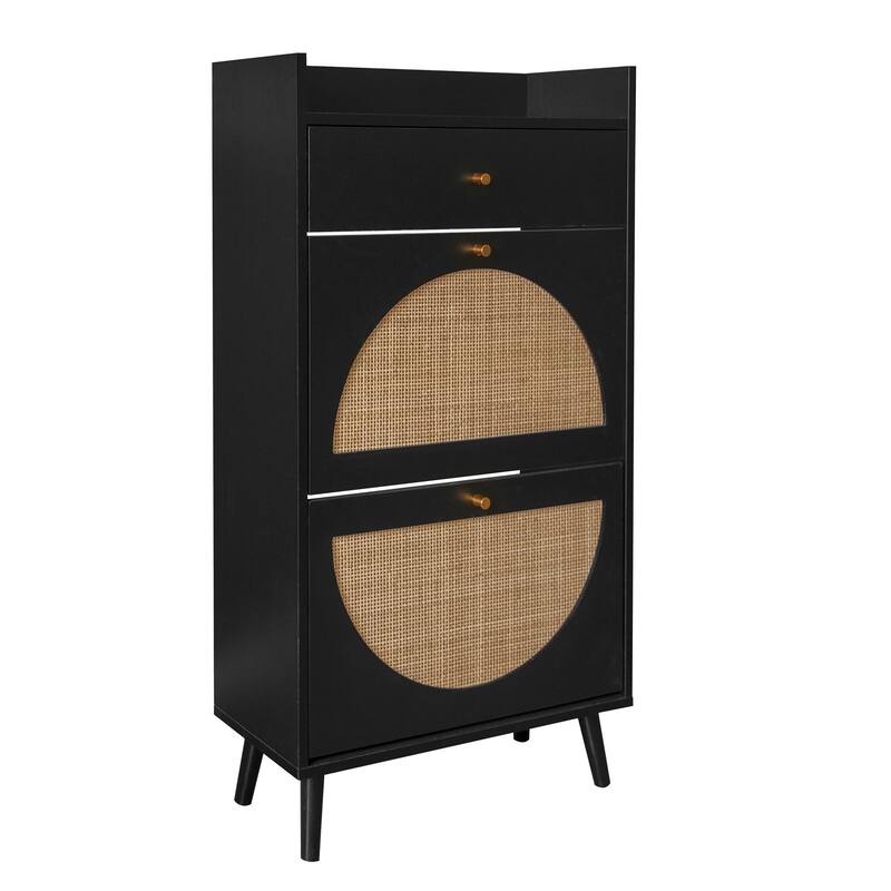 Entryway Shoe Storage Cabinet, Freestanding Rattan Shoe Rack, Shoe Organizer with 2 Flip Drawers & 1 Pull-Out drawer