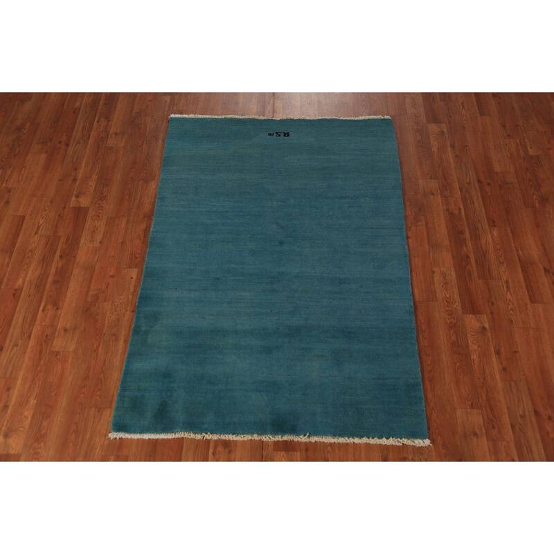 Teal Blue Gabbeh Modern Rug Hand-Knotted Foyer Wool Carpet - 3'4" x 4'10"