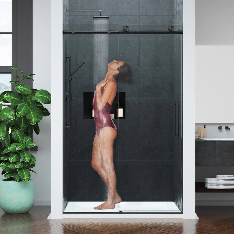 Mountain 48-inch Reversible Frameless Sliding Glass Shower Door with Soft-Close System