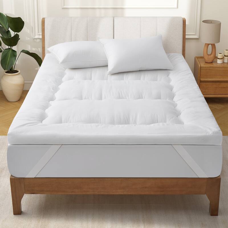 4-inch Thickness Down Alternative Fitted Mattress Topper with Soft Cover - King - White/Wave