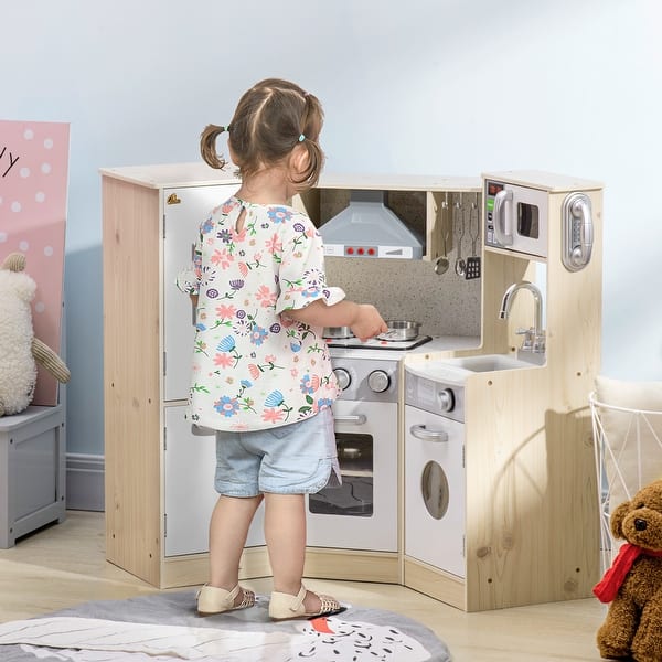 slide 2 of 9, Qaba Ultra-Big Corner Kids Kitchen Playset with Sound Effects, Wooden Play Kitchen with Stainless Steel Cooking Toys Kitchens - 2-4 Years