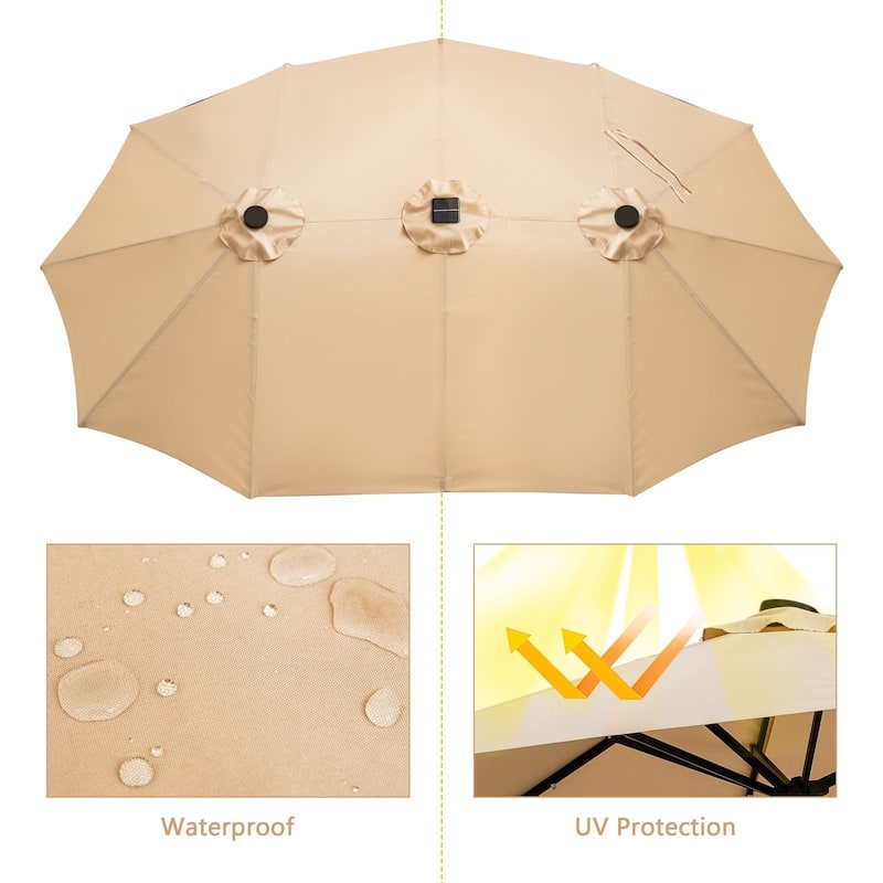 Ainfox 15ft Double-Sided Patio Umbrella with Base Large Outdoor Umbrella with LED Solar Lights