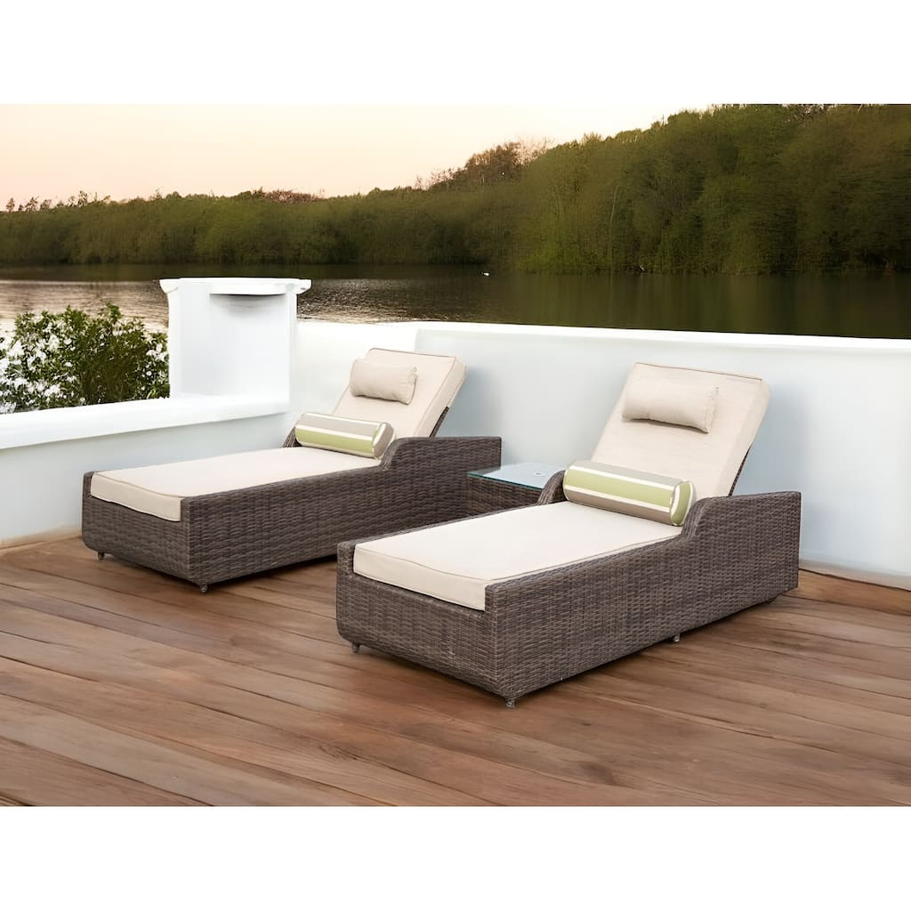 78" Set of Two Brown Indoor Outdoor Chaise Lounge with Beige Cushion