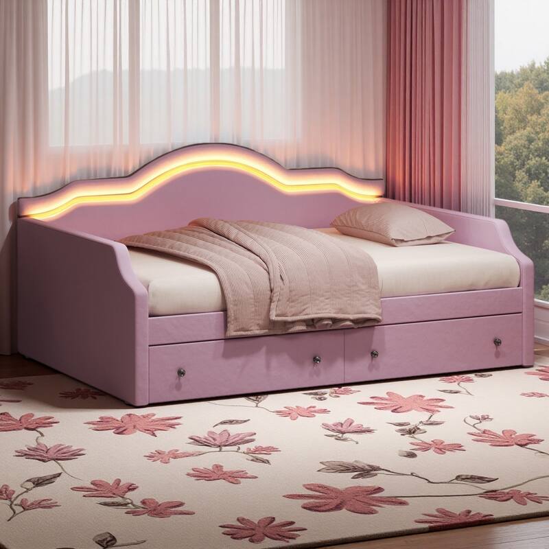 Velvet Upholstered Daybed with Color-Changing LED Light & Dual Drawers by Harper&Bright Designs - Pink - Full