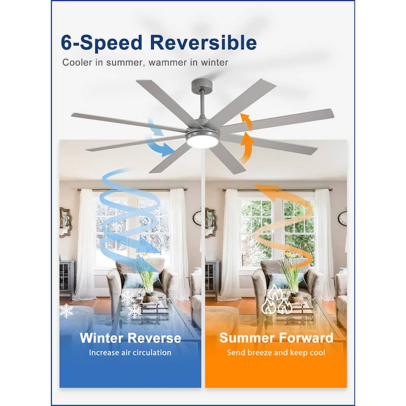 Large Ceiling Fan with Light - 8-Blade, Remote App Control, Dimmable 3CCT, Quiet DC Motor​, 66/72 Inches