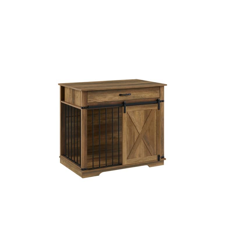 Wood Dog Crate Furniture With Barn Door And 1 Drawer