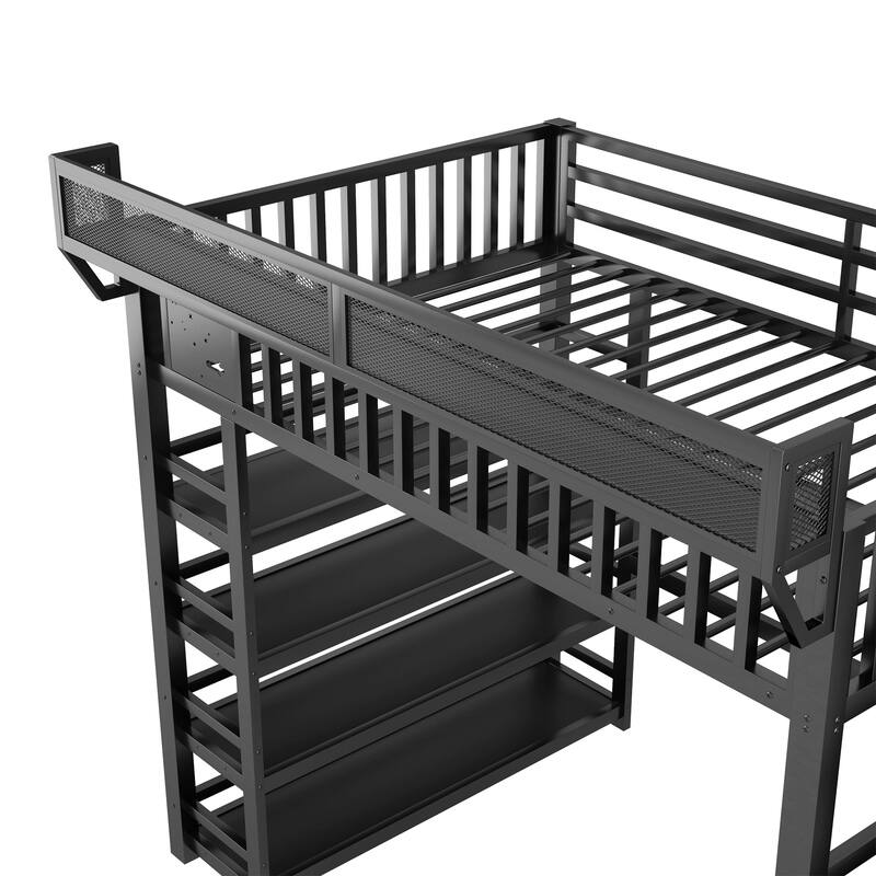 Full Size Metal Loft Bed with Charging Station and 4-Shelf Storage, Kids & Teens Loft Bed with Storage Stairs