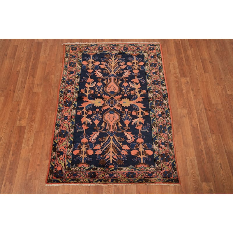 Hand Knotted Oriental 100% Wool Carpet Traditional Floral Navy Blue & Blues Lilian Area Rug - 4' 9'' X 3' 5''