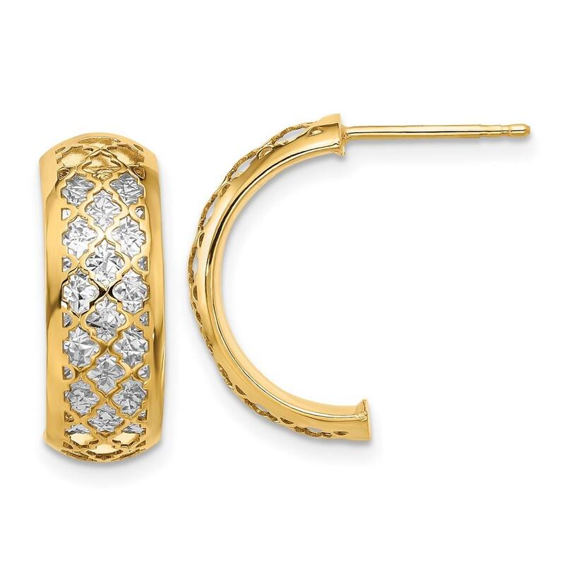 Curata 14k Yellow Gold White Rhodium Polished and Diamond cut J hoop Earrings - 19.57x19.72mm