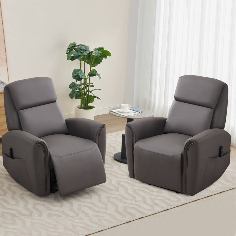 Oversized Faux Leather Massage Power Recliner with Two Pockets Set of 2 - Coffee