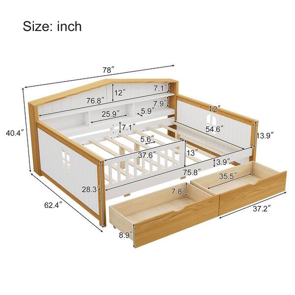 Full Size Wood House Shape Bed with Two Drawers and Bookcase Headboard for Girls Boys Teens