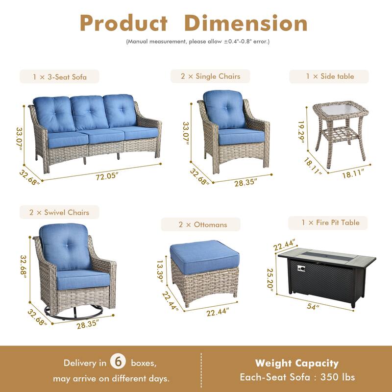 HOOOWOOO 9-piece Rattan Outdoor High Backrest Swivel Chair Set with 54"Fire Pit