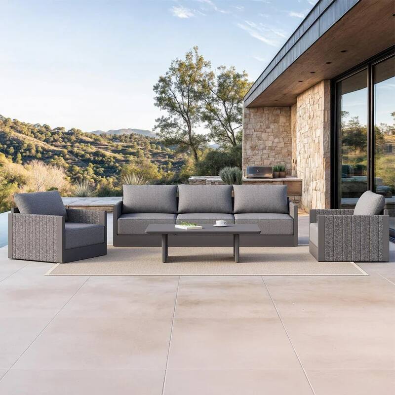 PURPLE LEAF Sanori Patio Conversation Set with Grey Ottoman and Cushion Patio Sofas Sectional Set for Poolside Graden - 5+1-Piece