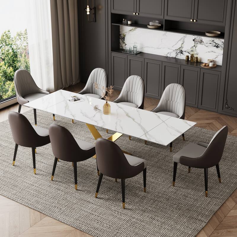 9 - Piece 94.48'' Extendable Sintered Stone Dining Table with 8 Chairs Dining Set - Himalayas White&Space Gold