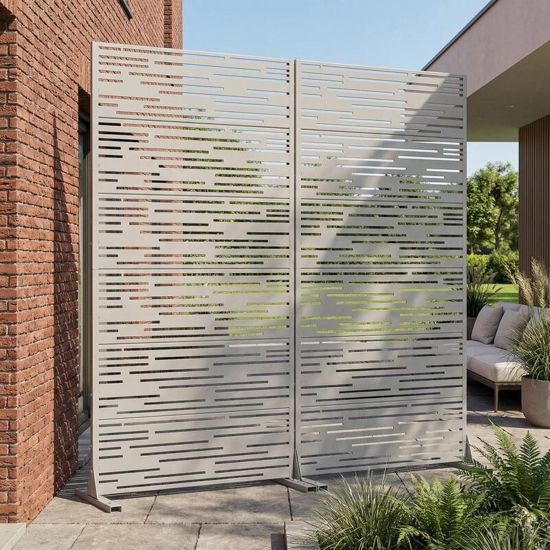 Outdoor Privacy Screen with Stand for Patio Garden Metal Fence Set of 2 - Grey - 72"x35"