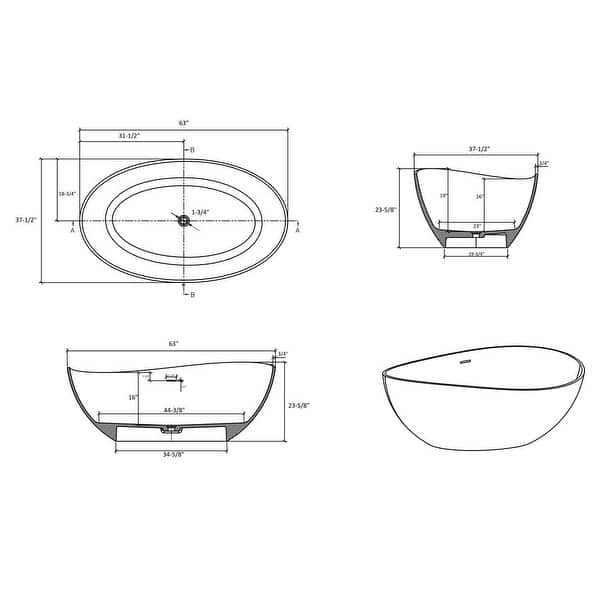 63 in. x 37.4 in. Freestanding Soaking Solid Surface Bathtub with Center Drain in Matte White