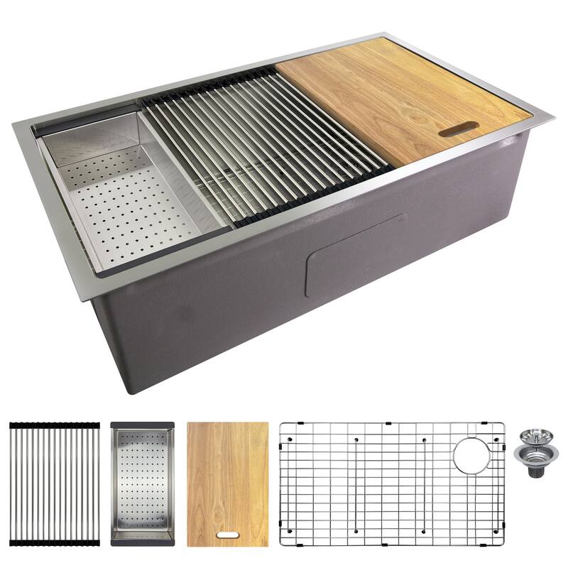 Transolid KWSSU331910 33-in X 19-in X 10-in 18-Gauge Undermount Stainless Steel Kitchen Workstation Sink