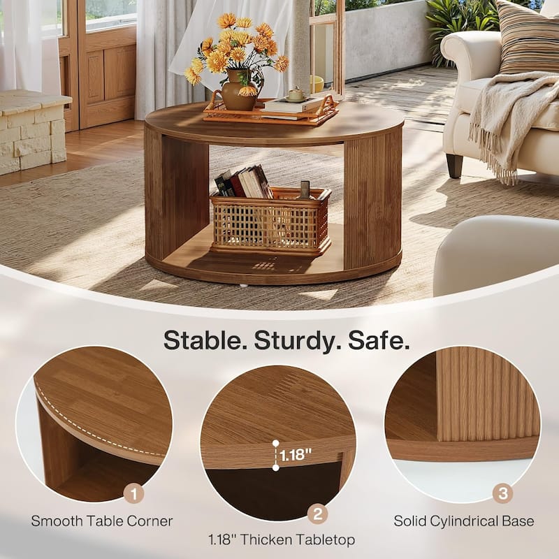 31.5" Walnut Round Coffee Table Center Table with Fluted Drum Base - 31.5"W x 31.5"D x 17.7"H