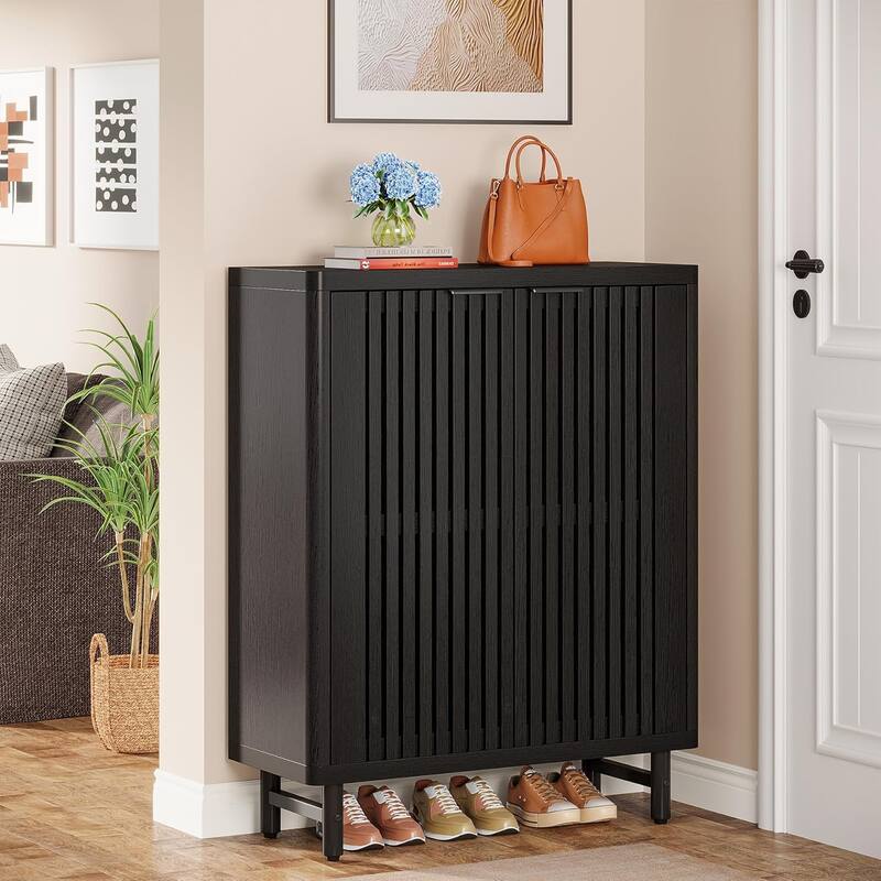 6-Tier Shoe Cabinet with Shutter Doors Adjustable Shelves Wooden Storage Cabinet for Entryway/Hallway/Closet/Living Room - Black
