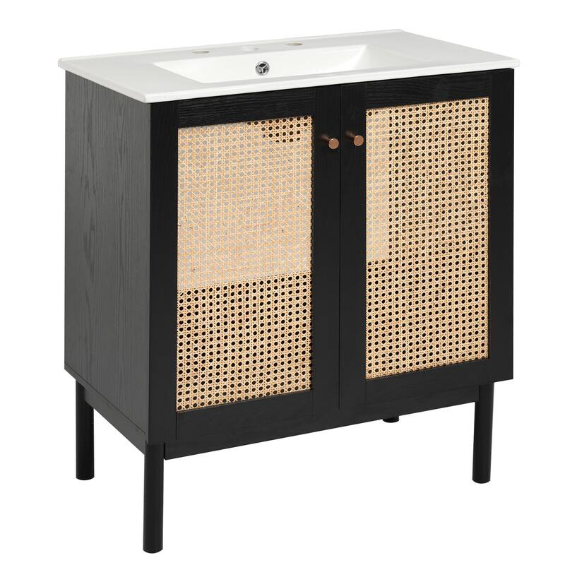 Boho Rattan Black Bathroom Vanity, Rectangular Ceramic Sink Bathroom Cabinet, 30" - 30 Inch