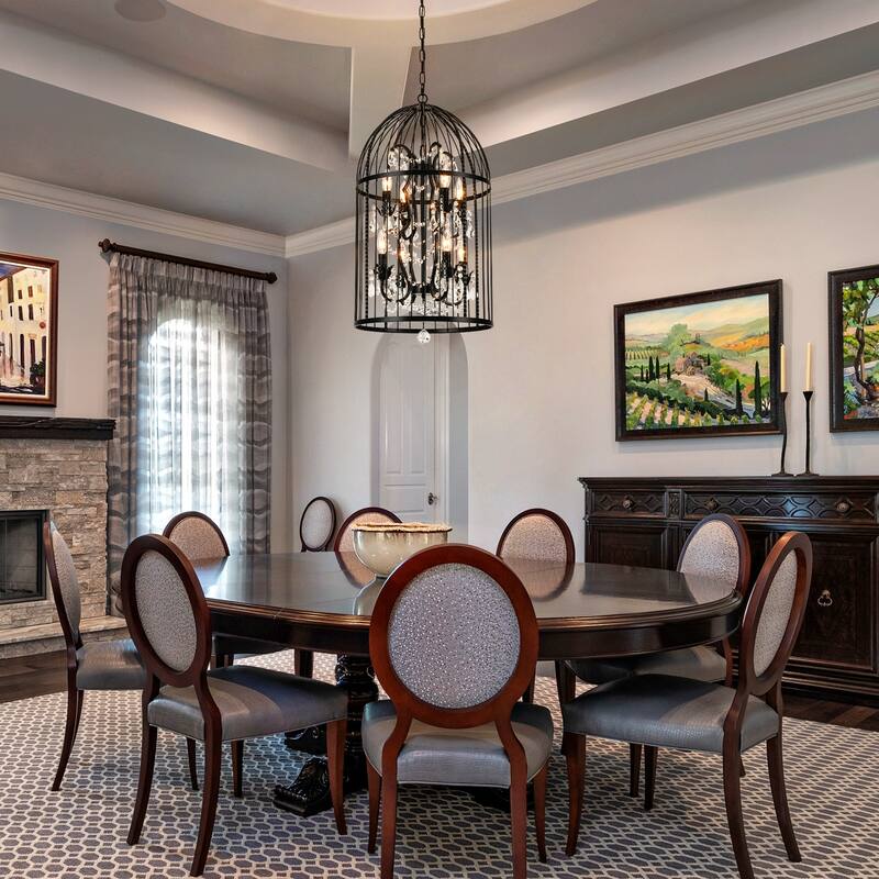 Vintage Industrial Birdcage Crystal Chandelier with Black Metal Cage and Crystal Accents - W17.72"