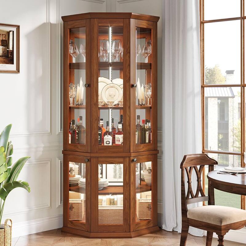 71 Inches Tall Corner Cabinet with Doors & LED Lights - Walnut