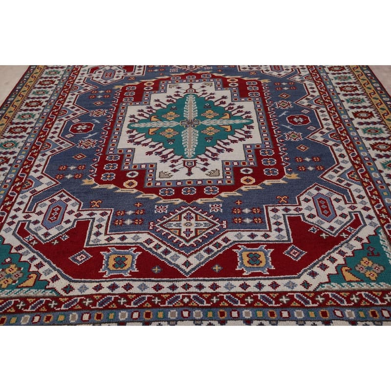Geometric Kazak Area Rug Hand-Knotted Blue Oriental Wool Carpet - 8'10" x 11'8"
