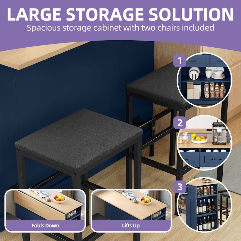 47 Inch Mobile Kitchen Island with 2 Seating Spaces Rolling Cart and Built-in Power Outlet for Convenient Storage and Dining