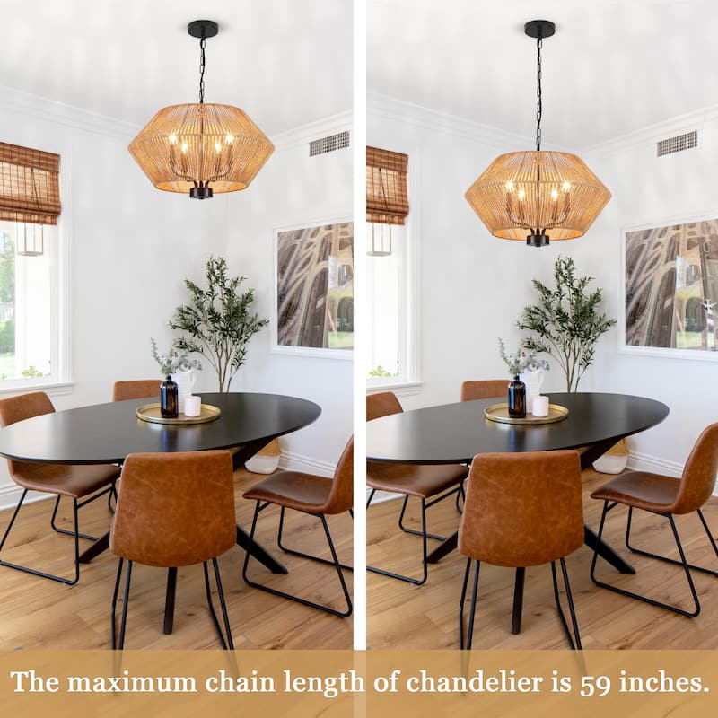4-Light Bohemian Hand Woven Drum Chandelier Rattan Pendant - N/A