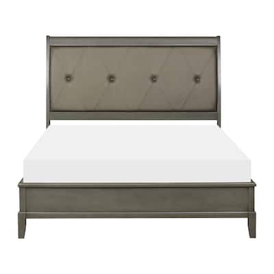 Queen Size Faux Leather Sleigh Bed with Button-Tufted Headboard and Birch Veneer Frame