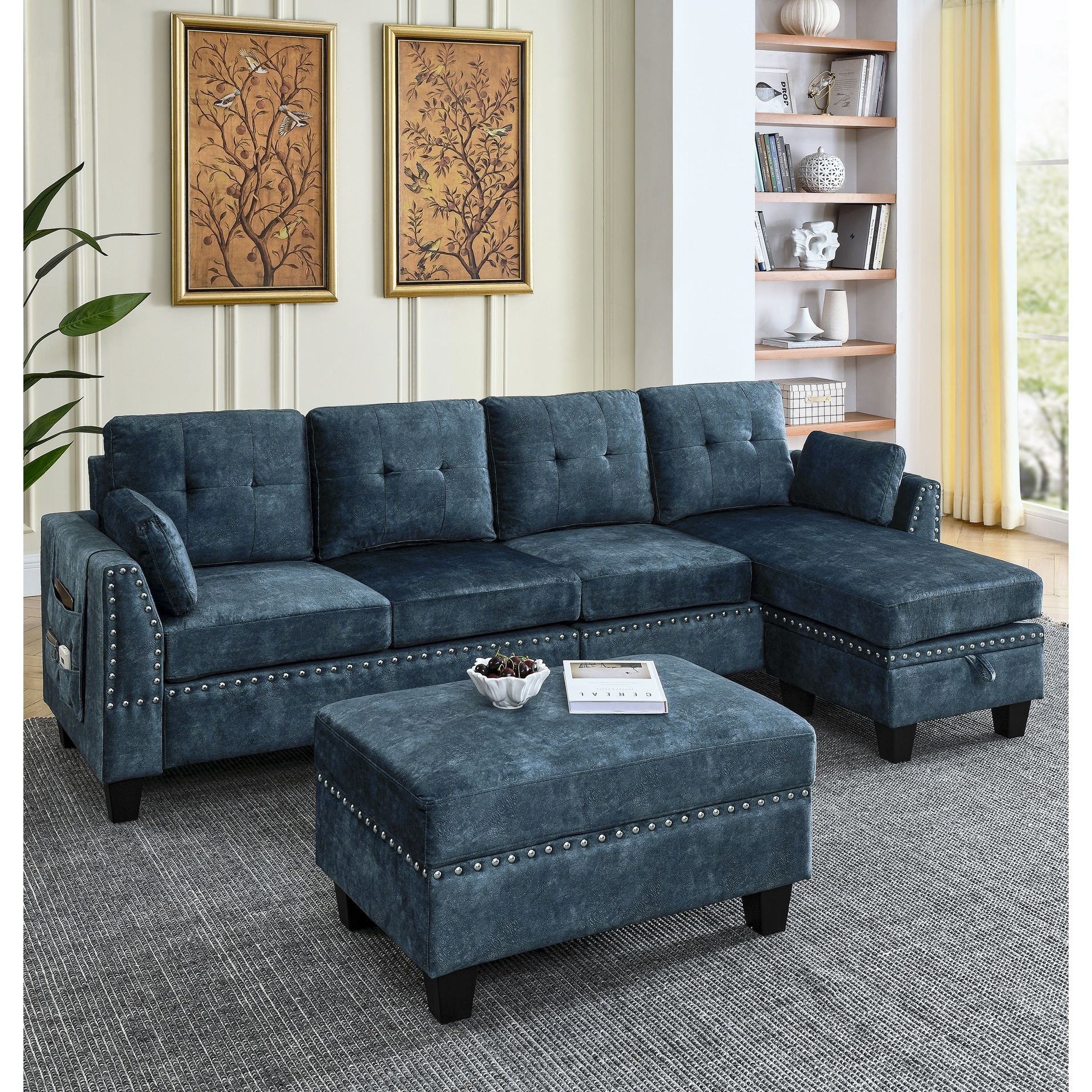 Navy Blue 3 Seat Sectional Sofa with Nailheads and Storage Ottoman