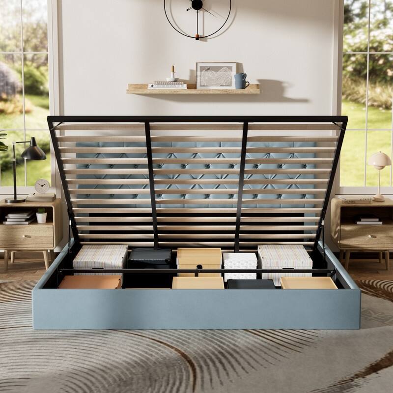 Plywood Frame Upholstered Platform Bed with Lift-up Storage Supported by Metal and Wooden Slats