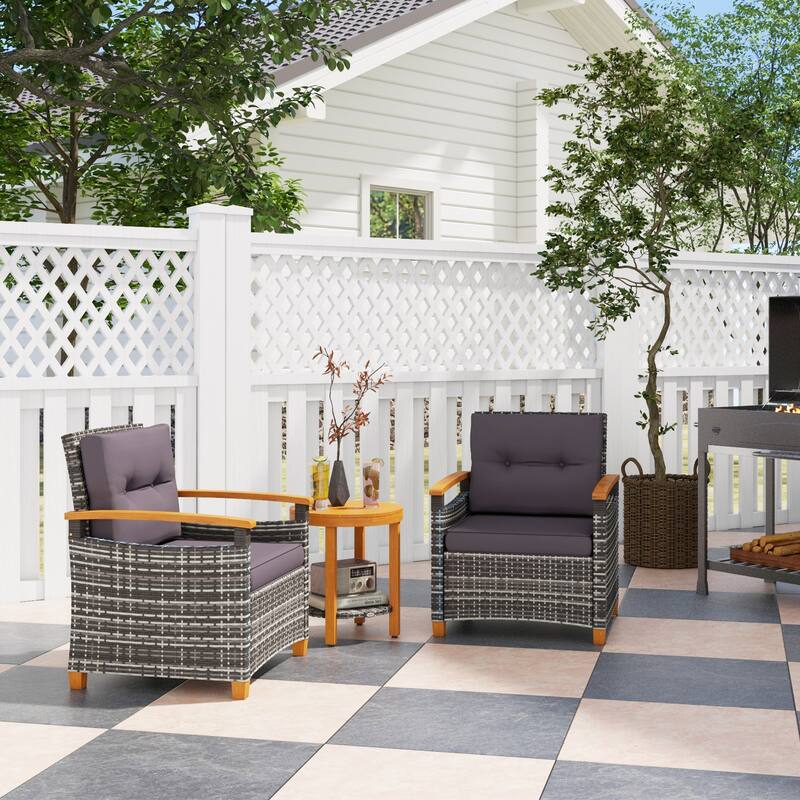 3 Pieces Patio Bistro Set Wooden with Cushions, PE Wicker Patio Furniture Outdoor for Porch, Backyard, Garden