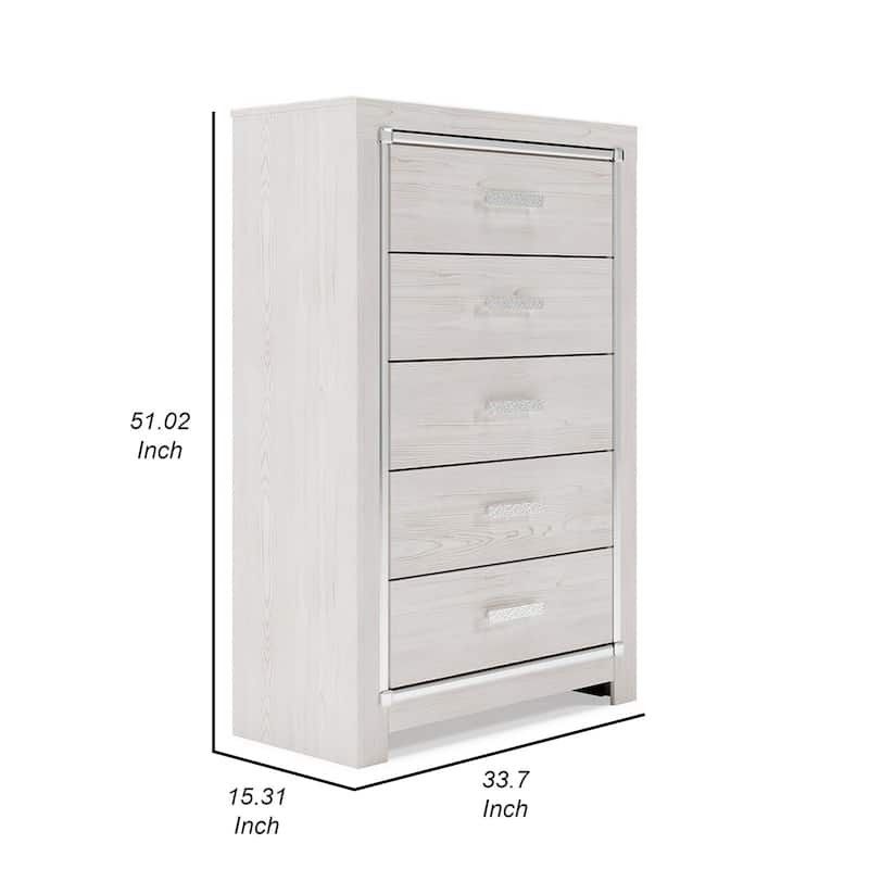 51 Inch Tall Dresser Chest, 5 Drawers, Wood with Pearlized Finish, White